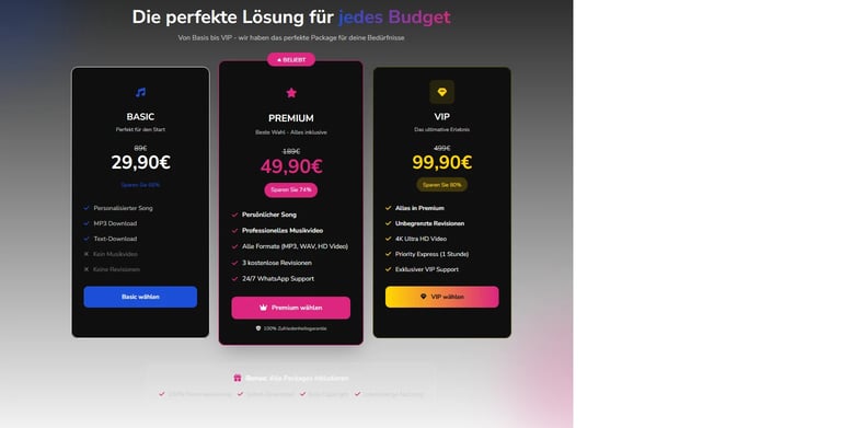 Drei Pricing-Plan-Karten mit Basic, Premium und VIP Paketen für personalisierte Songs